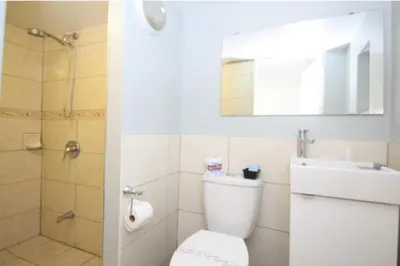 a bathroom with a toilet and a shower and a sink at Harrison Spa Motel in Harrison Hot Springs