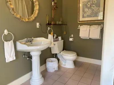 a bathroom with a sink and a toilet and a mirror at Haterleigh Heritage Inn in Victoria