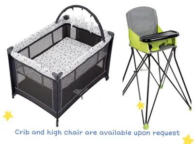 a black crib and high chair are available upon request at Luxury 2 Bedroom 1Pullout Kitchenette Grand Rockies Resort Hot Tub Pool Mountain View in Canmore