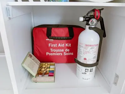 a fire hydrant and a fire extinguisher on a shelf at Private, Spacious, & Bright Home in Calgary