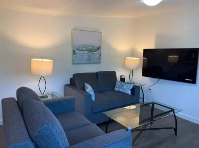 a living room with a blue couch and a tv at Cosy country mobile home on 18 acres farm sleeps 5 in Port Alberni
