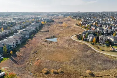 an aerial view of a residential neighborhood with houses at Grande Villa in Calgary