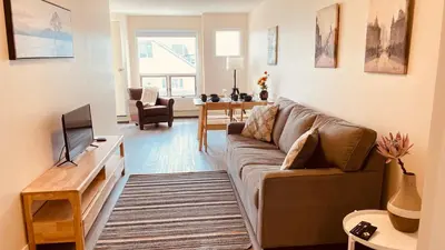 a living room with a couch and a tv at unit #302 Mountain view 2 beds in DT in Canmore