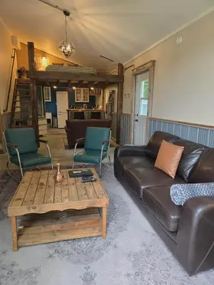 a living room with a leather couch and a coffee table at Tiny house & Sauna on Lakefront Farm Oasis in Merville