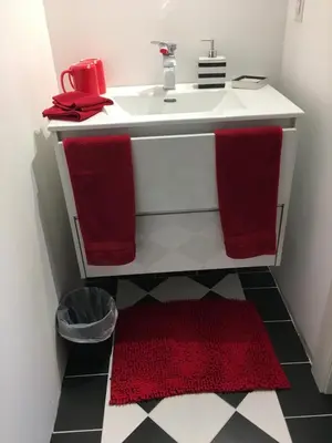 a bathroom with a sink and two red towels at The Blue Cottage B&B in Seventy Mile