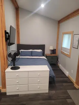 a bedroom with a bed with a dresser and a tv at Wells Gray Stay And Play in Clearwater