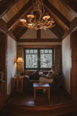 a woman sitting on a couch with a baby at Post Hotel & Spa in Lake Louise