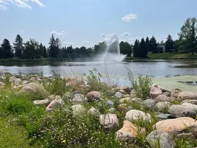 a bunch of rocks in front of a pond with a fountain at One Bedroom Main floor Apartment in Camrose