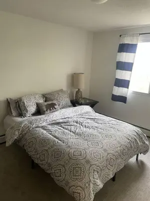 a bedroom with a bed and a lamp and a window at Stunning 1 Bedroom Apartment in Camrose
