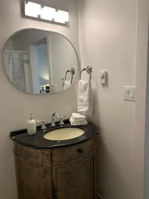 a bathroom with a sink and a mirror at Country studio pet friendly in Port Alberni