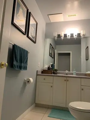 a bathroom with a sink and a toilet and a mirror at Cozy Basement Suite close to Downtown,Edmonton in Edmonton