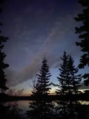 a group of trees in front of a lake at night at Refuge Bay's Ignis Dome - Luxury Off Grid Escape in Cherhill