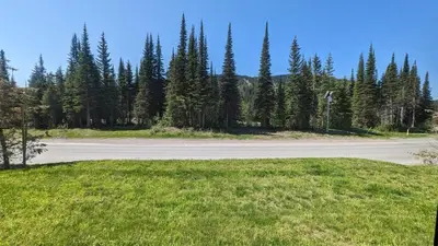 an empty road with a field of grass and trees at Echo Landing #13 condo in Sun Peaks