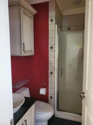 a bathroom with a toilet and a glass shower door at Elegant, Sunny Modern Home with Skylights - Kitsilano, Vancouver in Vancouver