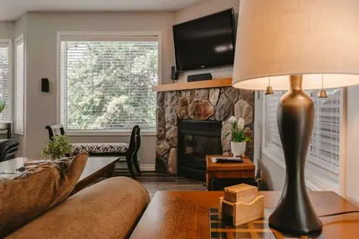 a living room with a couch and a fireplace at Trailblazers Retreat 3 Bed with Family Games Room in Big White