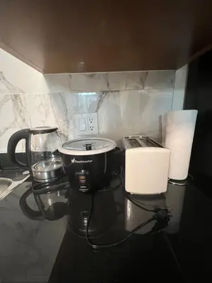 a kitchen with a counter with a sink and a toaster at Private suite 1 bed 1 bath 15 mins YVR and downtown \u8212\u9002\u5b89\u9759 in Vancouver