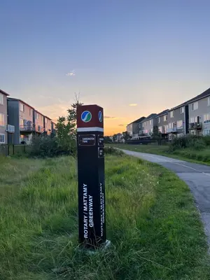 a parking meter in the grass next to a road at Private Entire Townhouse Retreat Close to Lake in Calgary