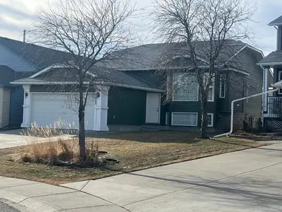 a house with a tree in the front yard at Cozy 3 beds Suite Near Calgary Airport Sleeps 6 in Calgary