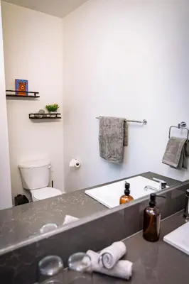 a bathroom with a sink and a toilet at The Three Bear Penthouse - with Hot Tub in Revelstoke