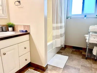 a bathroom with a sink and a shower at Cozy Walkout suite with King bed, Kitchen, Parking & Patio in Calgary