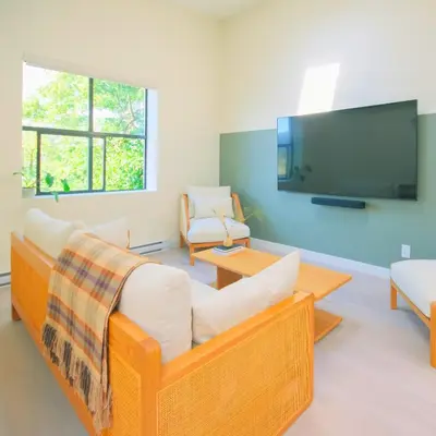 a living room with a couch and a tv at Newly Renovated 1 Bedroom Condo in Japantown! Near Gastown & Railtown! in Vancouver