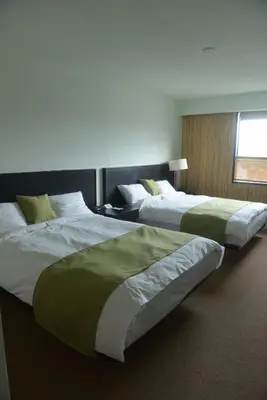 two large beds in a hotel room with a window at Hotel at the Waldorf in Vancouver