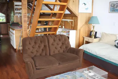 a living room with a couch and a ladder at Orca Lodge in Sointula