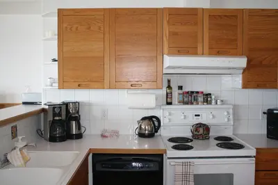 a kitchen with a white stove top oven next to a sink at Orca Lodge in Sointula