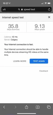 a screenshot of the internet speed test screen on a phone at Mountain view walk to all in Canmore Canada in Canmore