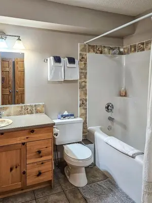 a bathroom with a tub and a toilet and a sink at Pine Cone Cabin by StayIn in Radium Hot Springs