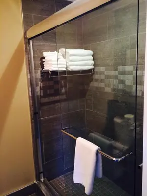 a bathroom with a glass shower door with towels at A Good Nite's Rest Bed and Breakfast in Banff