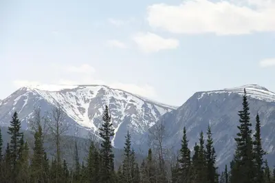 two snow capped mountains with trees in the foreground at Double G Service in Muncho Lake