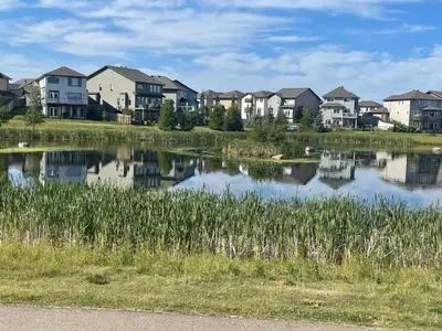 a row of houses next to a body of water at The Cozy Cove - Modern Private Basement Suite with Comfort & Charm, Free Parking, WiFi, Netflix Close to airport & 18 minutes to West Edmonton Mall in Edmonton