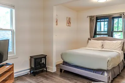 a bedroom with a bed and a fireplace and a television at Historical Building 1br 1ba Walk To Rogers Place in Edmonton