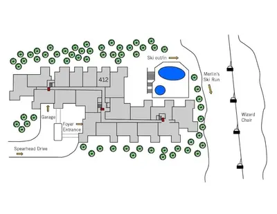 a site plan of a building with residences at Woodrun Lodge 412 | Ski-In-Ski-Out, Pool, Hot Tub, & Free Parking in Whistler