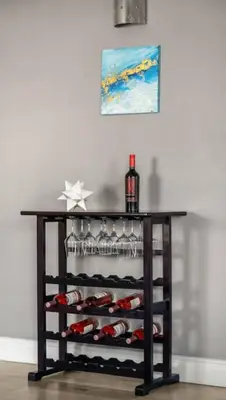 a shelf with wine glasses and a bottle of wine at Downtown Apartment with Underground Parking, Netflix, Fully Equipped Kitchen, Walk to 17th Ave, Sleeps 4, Perfect for Foodies and Tourists in Calgary