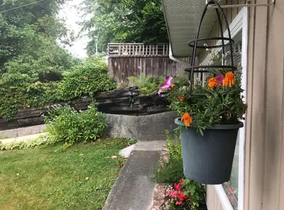 a flower pot hanging on the side of a house at Friendly and cozy home with separate entrance No Pets Allowed in Burnaby
