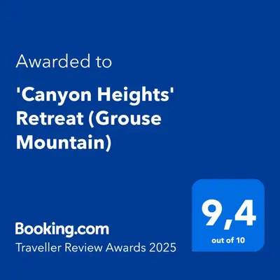 a blue sign with the text awarded to canyon heights retreat guverse mountain at 'Canyon Heights' Retreat (Grouse Mountain) in North Vancouver