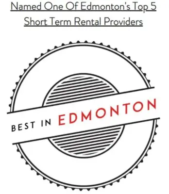 a label for the school of education with the text named one of educations top at BoHo Chic Suite - Long Stays - Fireplace - Garage in Edmonton
