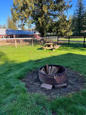 a fire pit in the grass with a picnic table in the background at Farm House - L&S Farms in Chilliwack