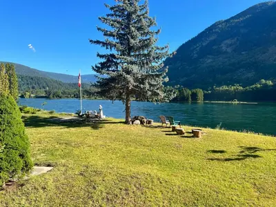 a tree sitting on the grass next to a lake at Waterfront, Mountainview House in Castlegar in Castlegar