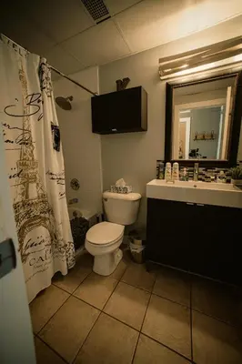 a bathroom with a toilet and a sink and a mirror at 2 Full Beds, Free Parking Underground Heated, Rogers Place, 1 Bedroom Condo Downtown Central in Edmonton