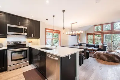 a kitchen with stainless steel appliances and a living room at Treeline by Outpost Whistler in Whistler