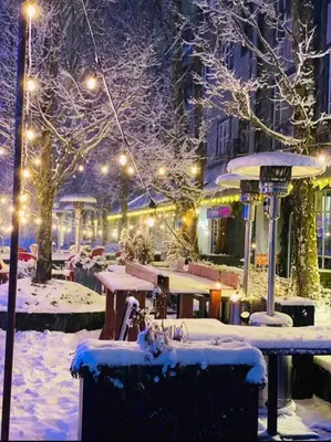 a park covered in snow with tables and lights at The Eden Whistler - Luxury 2 BDRM Ski in / Ski out in Whistler