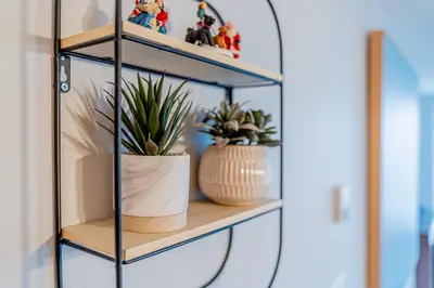 a shelf with two plants and a vase on it at Near BC Place & SkyTrain Access & Free Parking in Vancouver