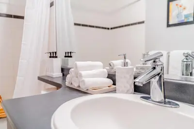 a bathroom with a sink and a mirror and towels at Near BC Place & SkyTrain Access & Free Parking in Vancouver