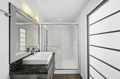 a bathroom with a sink and a mirror and a shower at Skyline Hideaway in Vancouver