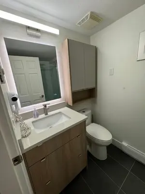 a bathroom with a sink and a toilet and a mirror at Beautiful 1BR 1BA Apartment at NORTHSTAR-Whistler, BC in Whistler
