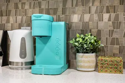 a blue mixer sitting on a counter next to a plant at Newly renovated 2 bedroom basement suite in Calgary