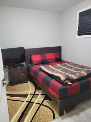 a bedroom with a bed and a flat screen tv at Brand New 2 Bedroom Basement Suite with Wifi in Edmonton